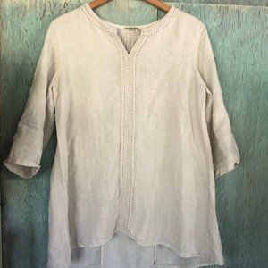 Liz Claiborne Linen Embroidered Cream V-neck Peasant Top Tunic 3/4 Sleeve Roll